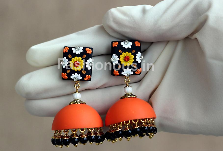 Orange Black Floral Jhumka-ZAPCJH-012