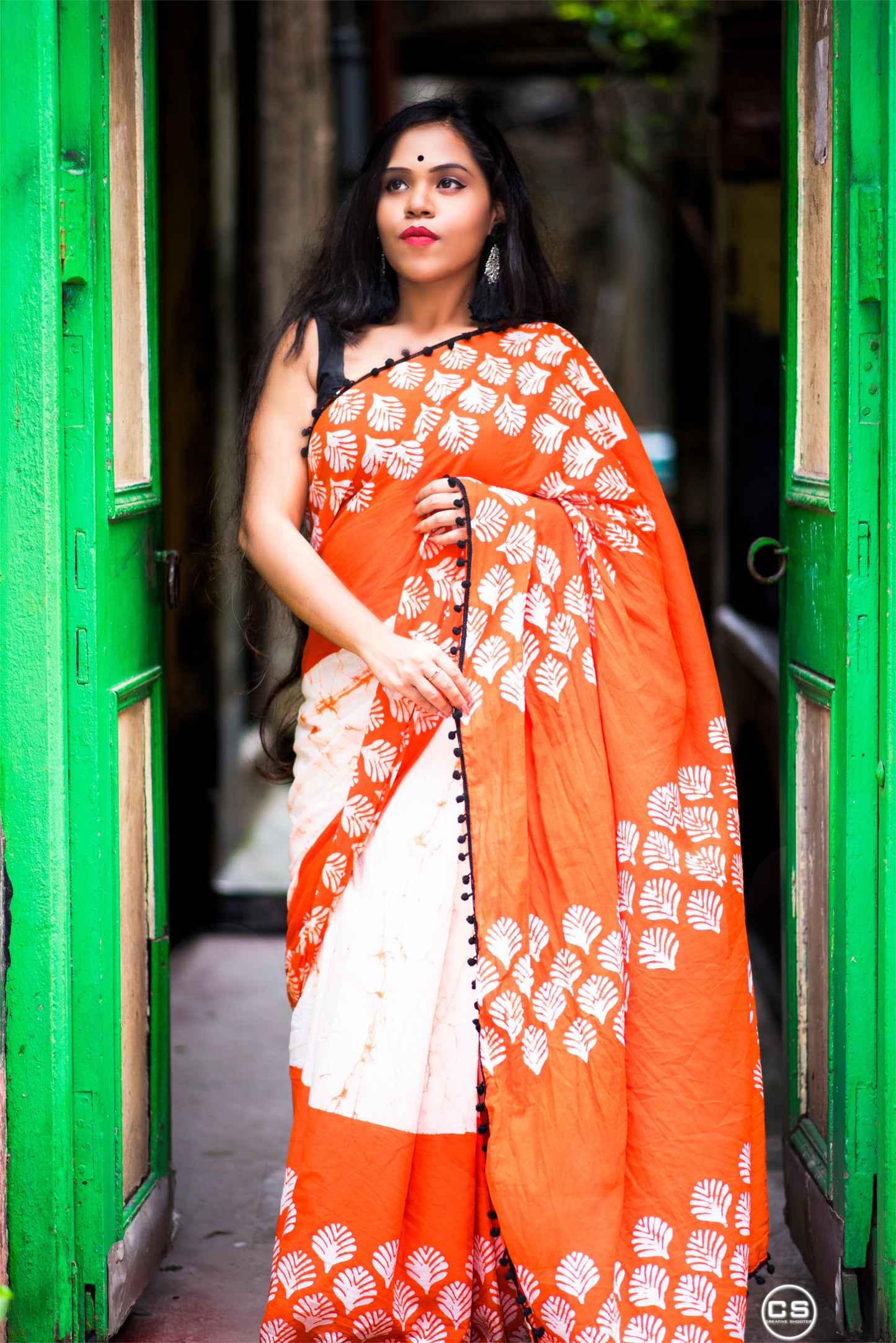 Orange Bliss Cotton Saree with Pom-Pom Border - TCS042