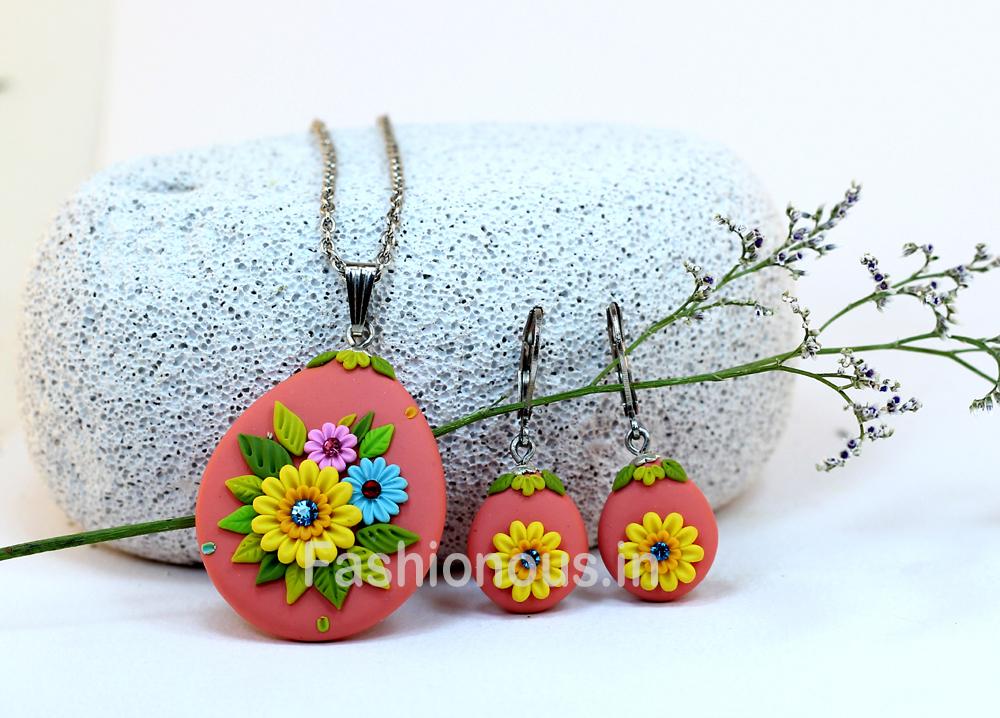 Orange Floral Embroidery Necklace and Earrings-ZAPCNS-012