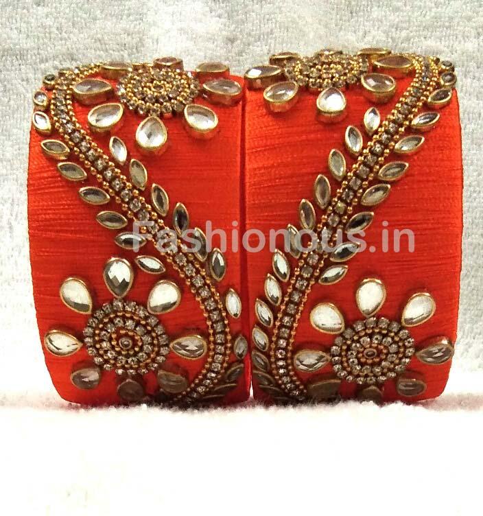 Orange Floral Stone Worked Silk Thread Bangle Pair-STJSW-015