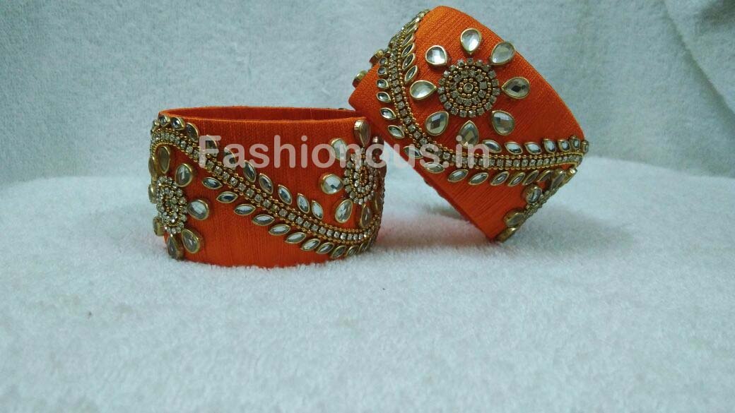 Orange Floral Stone Worked Silk Thread Bangle Pair