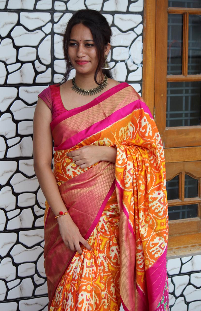 Orange Ikkat Silk Saree Fashionous