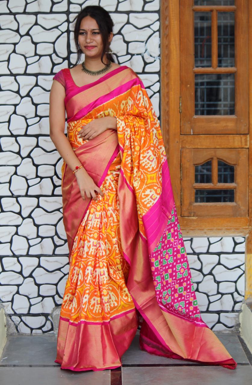 Orange Ikkat Silk Saree
