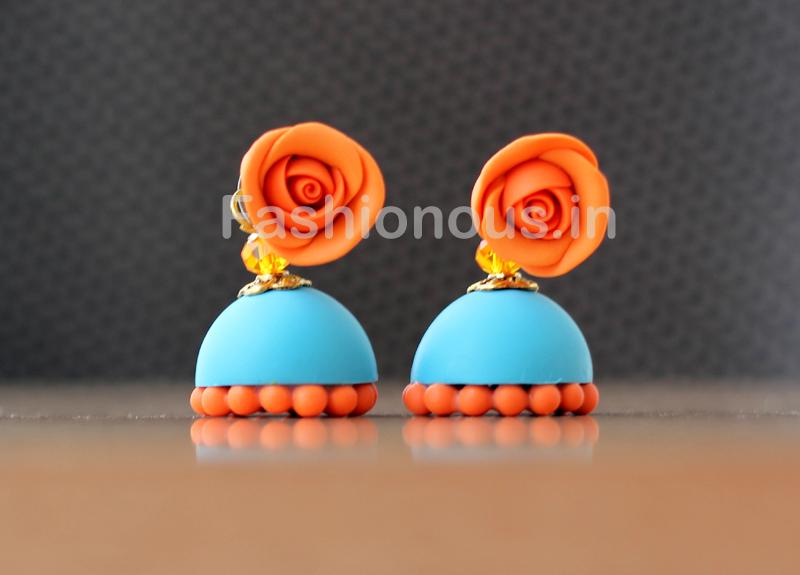Orange Rose Floral Blue Jhumka-ZAPCJH-026