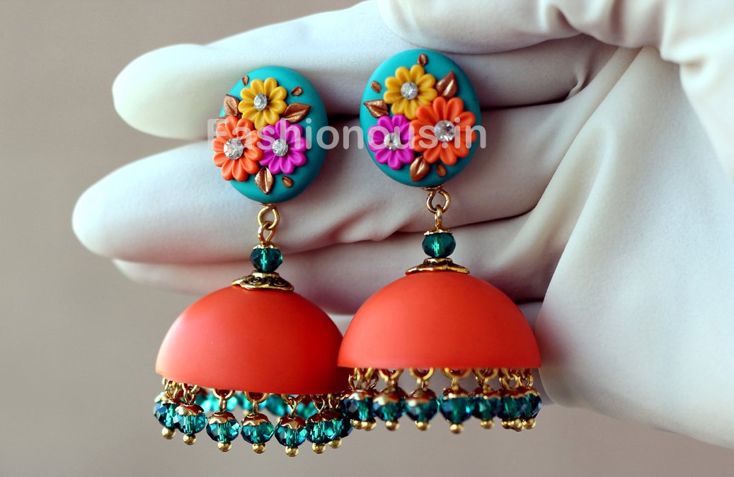 Orange Turquoise Blue Floral Jhumka-ZAPCJH-016