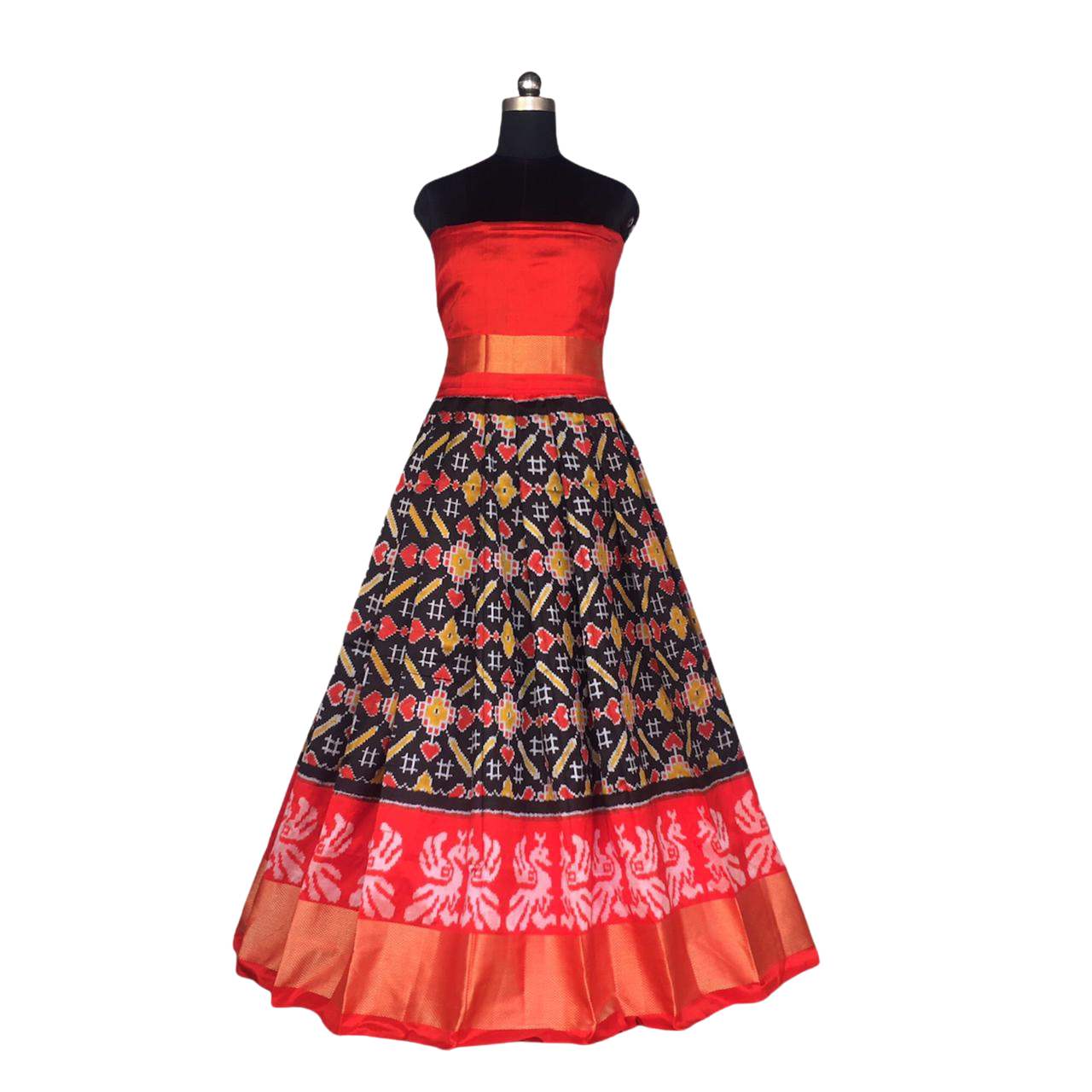 Red and Black Ikkat Pure Silk Lehenga