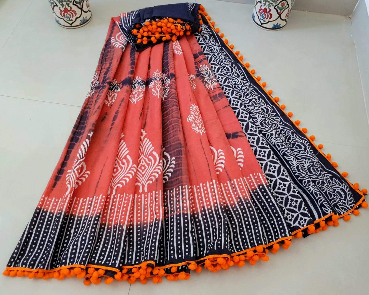 Orange and Black Jaipuri Cotton Saree