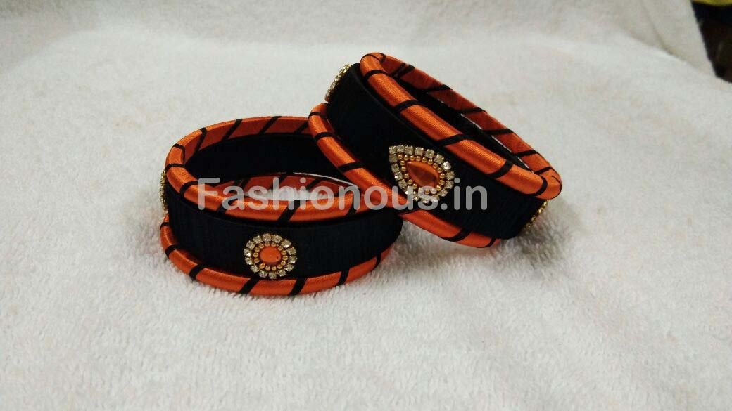 Orange and Black Stone Worked Silk Thread Bangle Set-STJSW-023