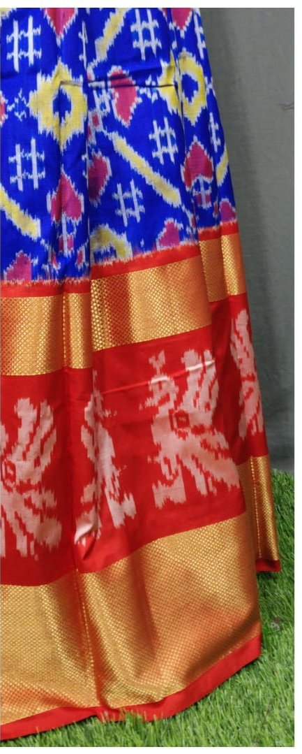 Orange and Dark Blue Ikkat Pure Silk Lehenga