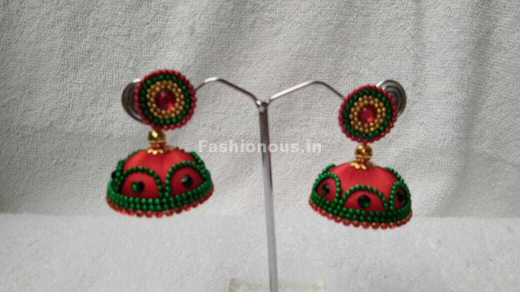 Orange and  Dark Green Beaded Silk Thread Jhumkas-STJH-062