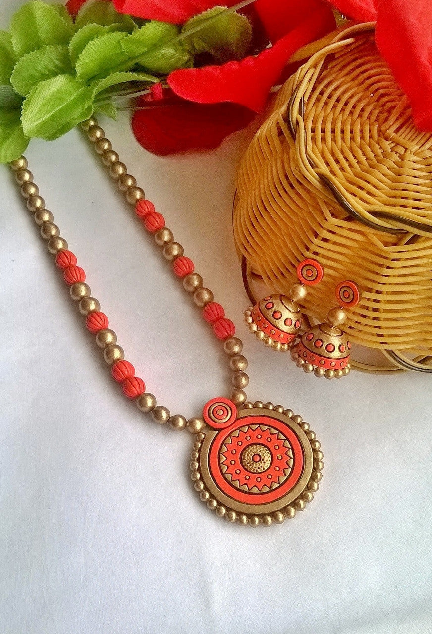 Orange and Golden Circle Terracotta Jewellery Set