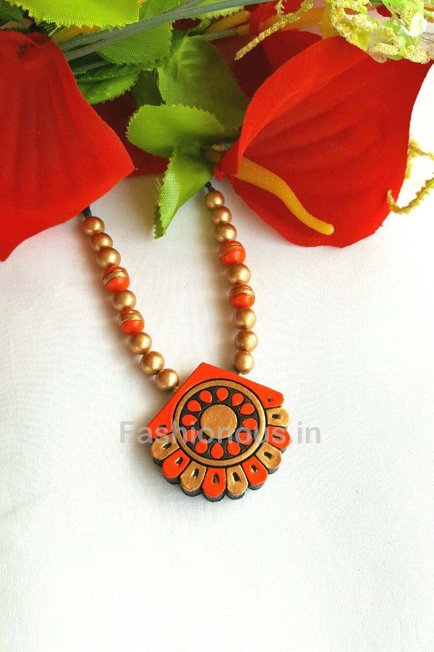 Orange and Golden Semi-Floral Terracotta Necklace-TJS-036