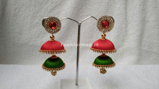 Orange and Green Double Colored Silk Thread  Jhumkas-STJH-070