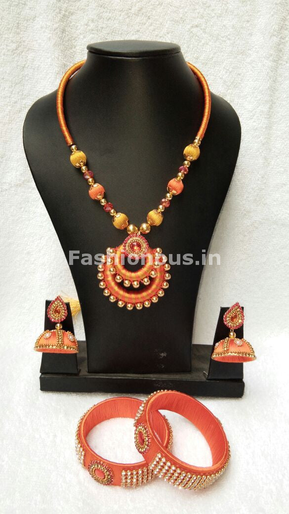Orange and Yellow Balls with Chandbali Pendant Silk Thread Jewellery Set-STJS-023