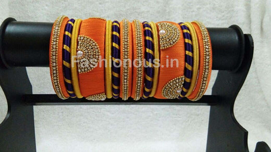 Orange with Blue and Golden Stone Worked Silk Thread Bangle Set-STJSW-050