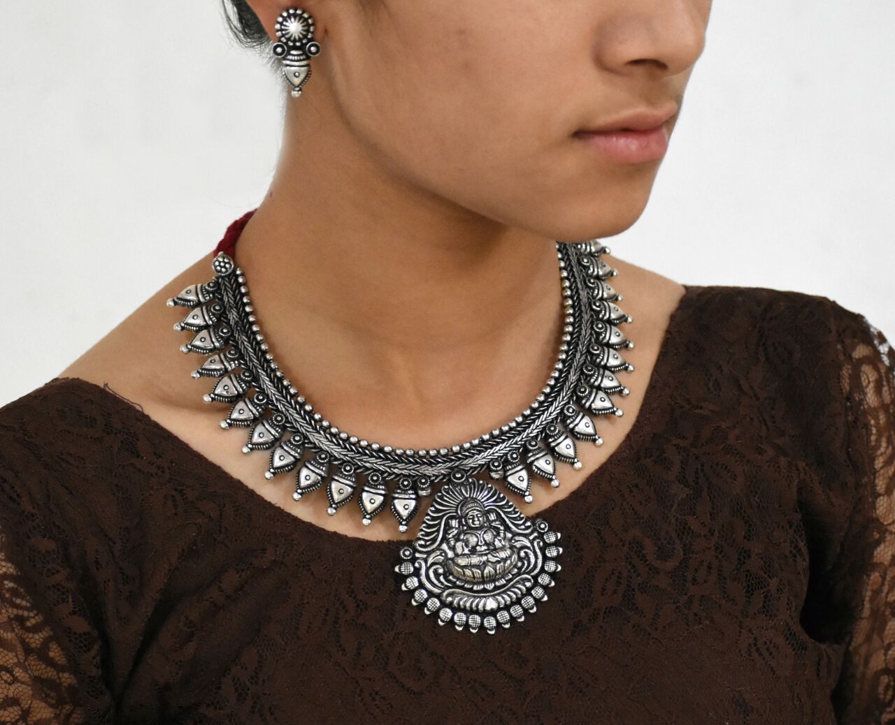 Oxidized Temple Necklace and Earrings-OTN041