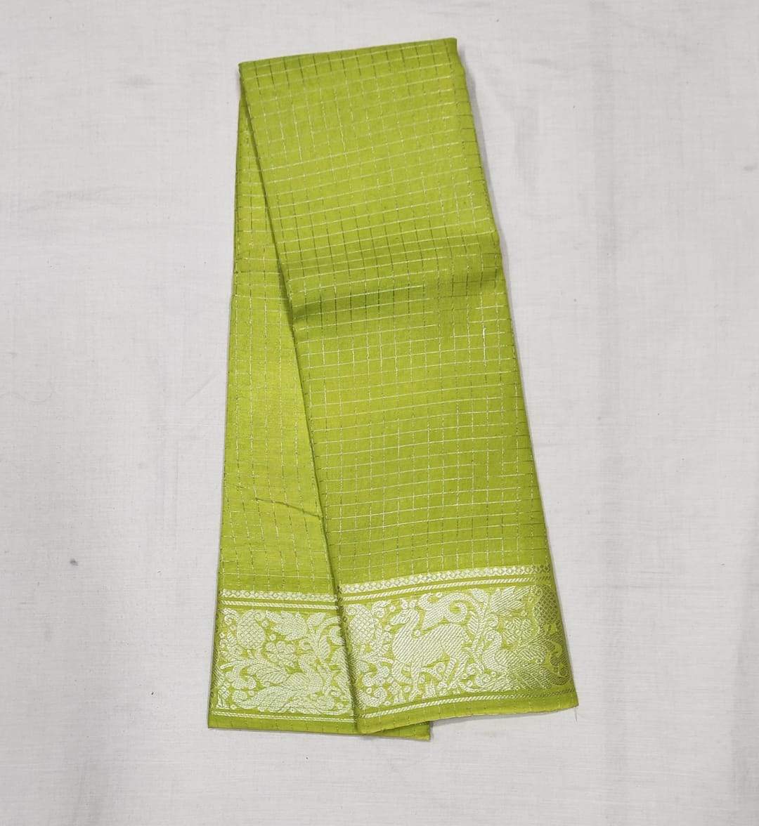 Parrot Green Madurai Sungudi Saree with Silver Zari Border