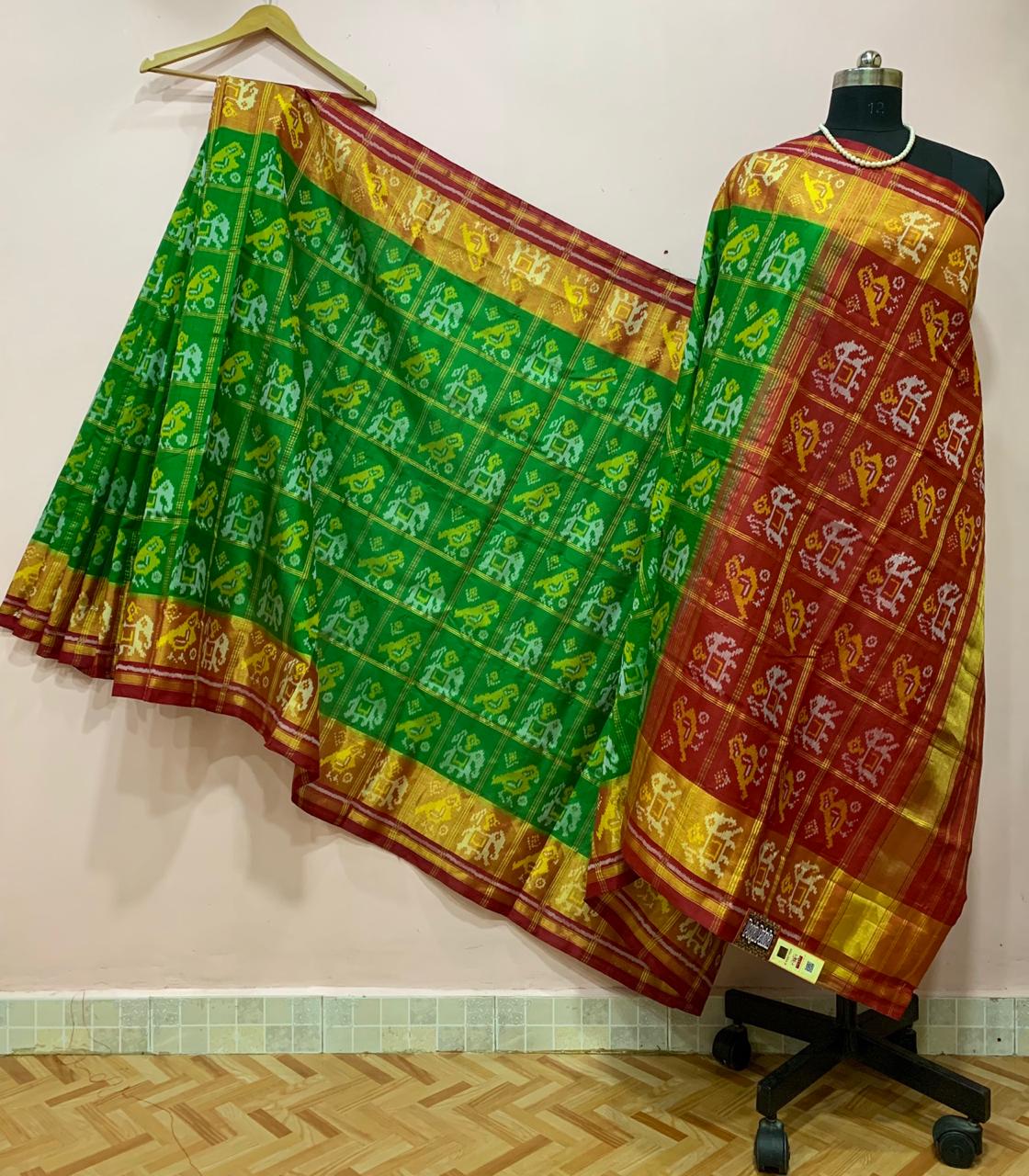Parrot Green with Red Pallu Patola Silk Saree-PSS1804