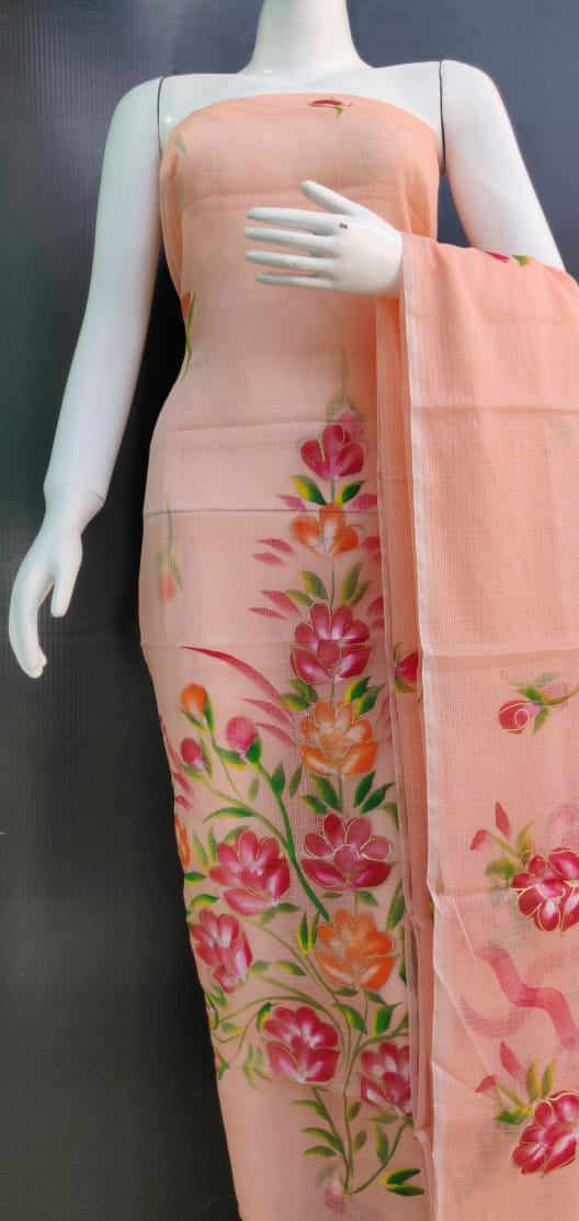 Peach Floral Brush Printed Kota Dress Material