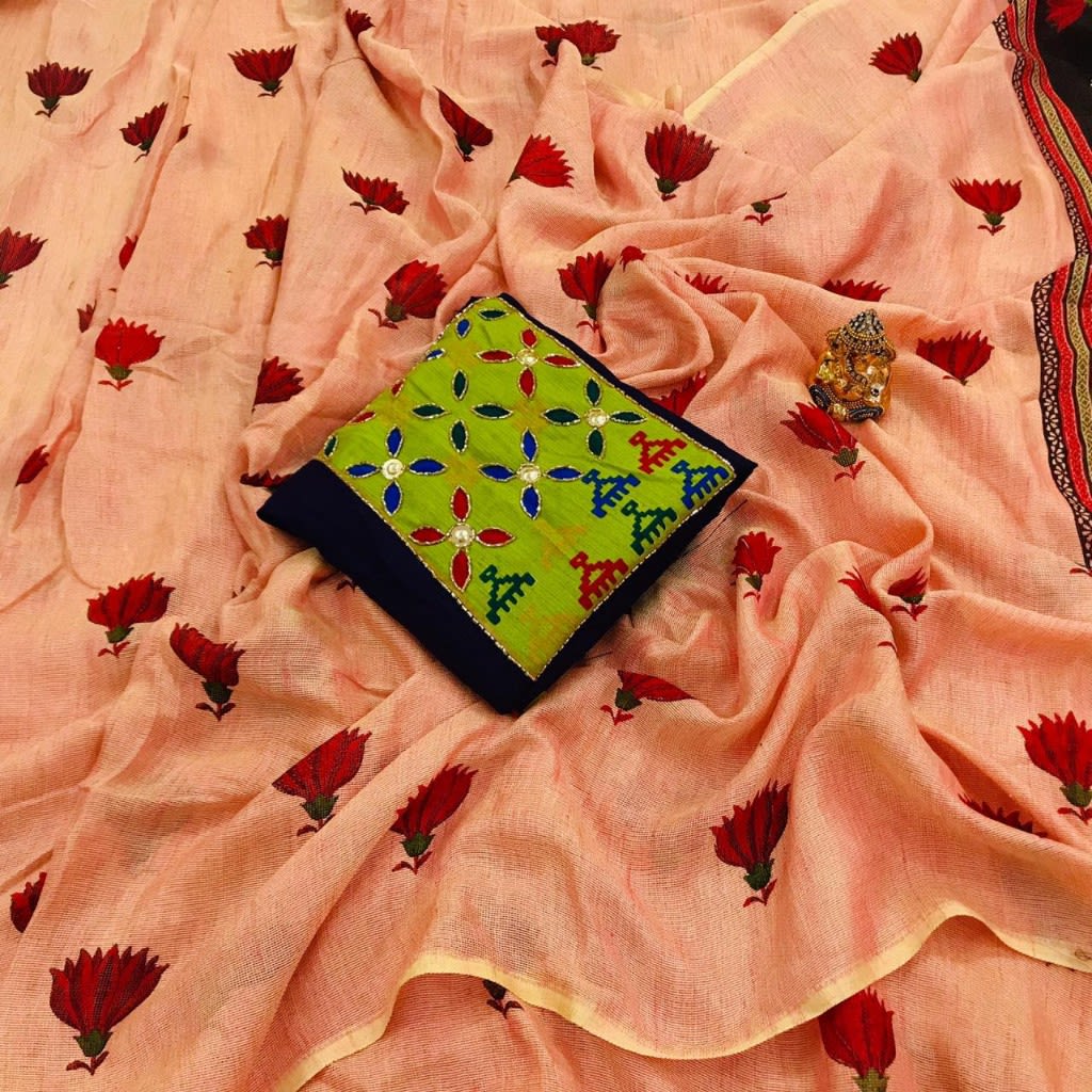 Peach Linen Saree with Embroidered Blouse-LNU006