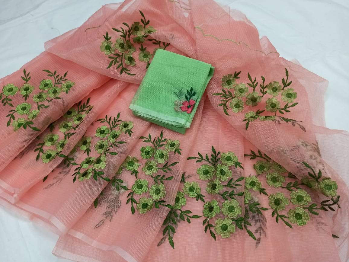 Peach with Lightgreen Kota Doria Saree