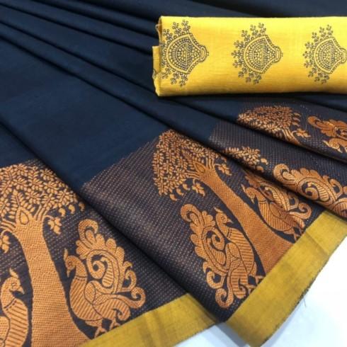 Peacock-Tree Motif Blue Chettinad Saree-CS706