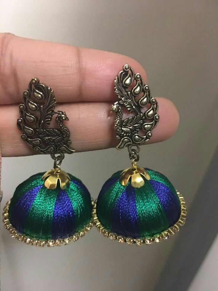 Peacock Design with Peacock Blue Green Silk Thread Jhumka Set