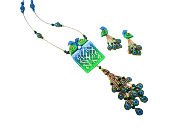 Peacock and Rangoli Polymer Clay Jewellery Set