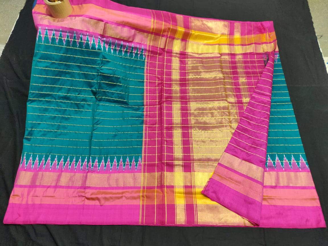 Pine Green and Pink Pure Ikkat Silk Saree
