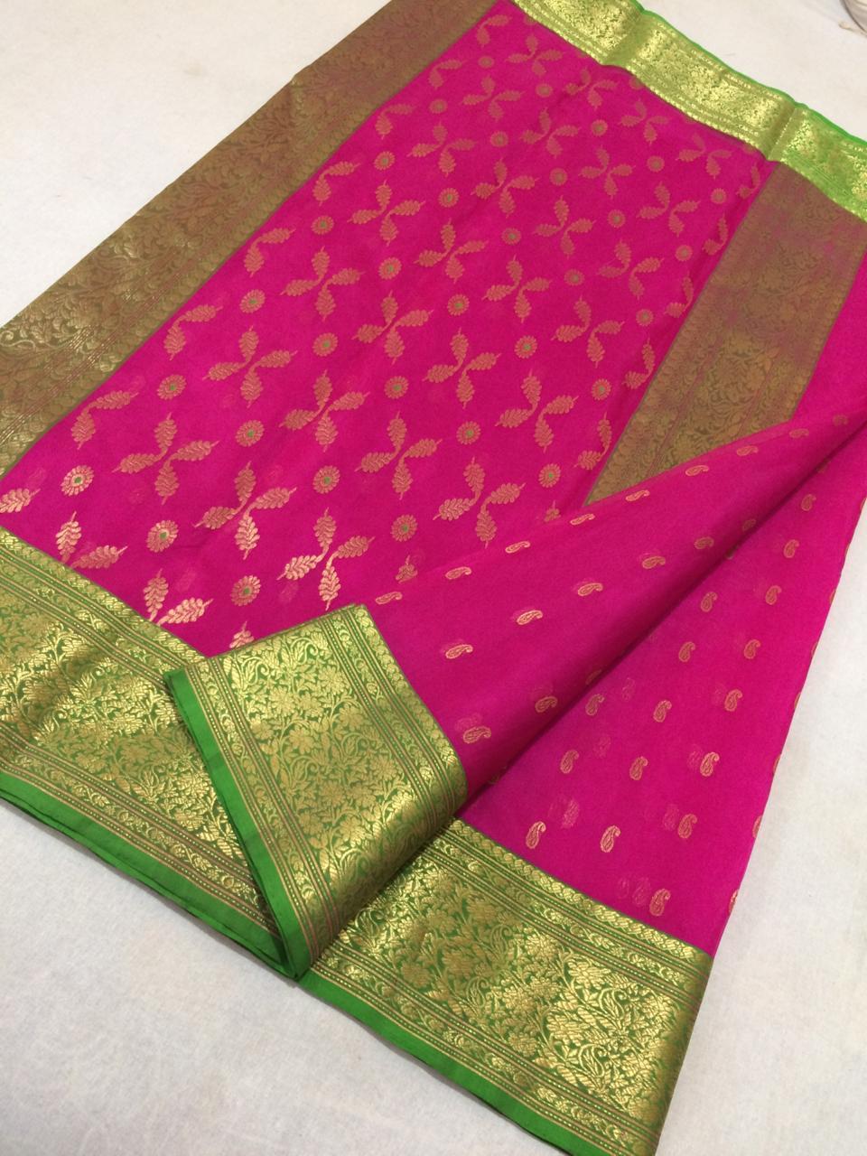 Fandango Pink Chanderi Silk Saree With Golden Green Border- CSH055