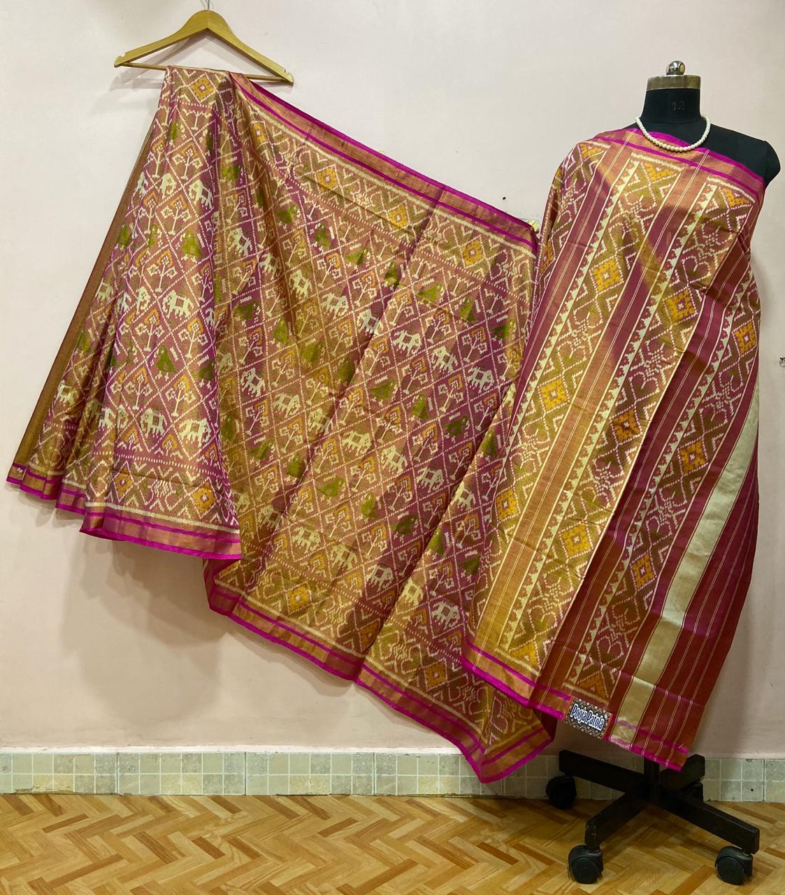 Pink-Mustard Alpana Designed with Pink Border Patola Silk Saree-PSS1806