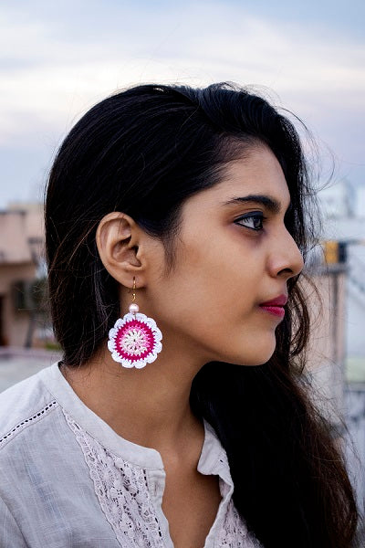 Pink And White Floral Beaded Crochet Earrings