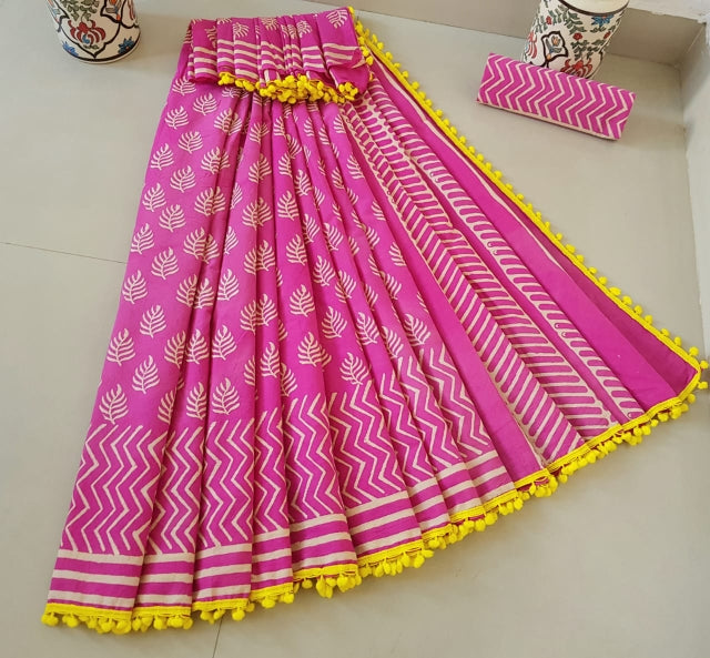 Pink Cotton Saree with Yellow Pom-Pom Border-TCS035