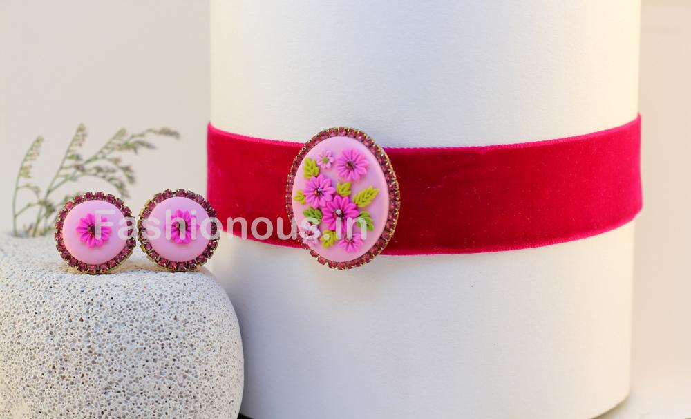Pink Floral Choker and Rhinestone Studs-ZAPCNS-024