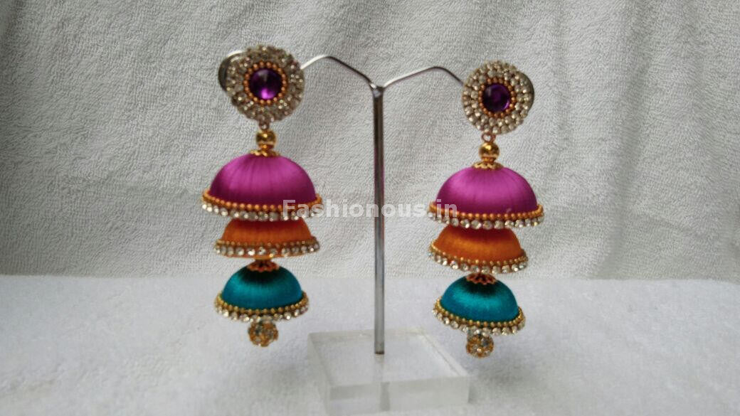 Pink Orange and Sky Blue Tricolored Silk Thread Jhumkas-STJH-072