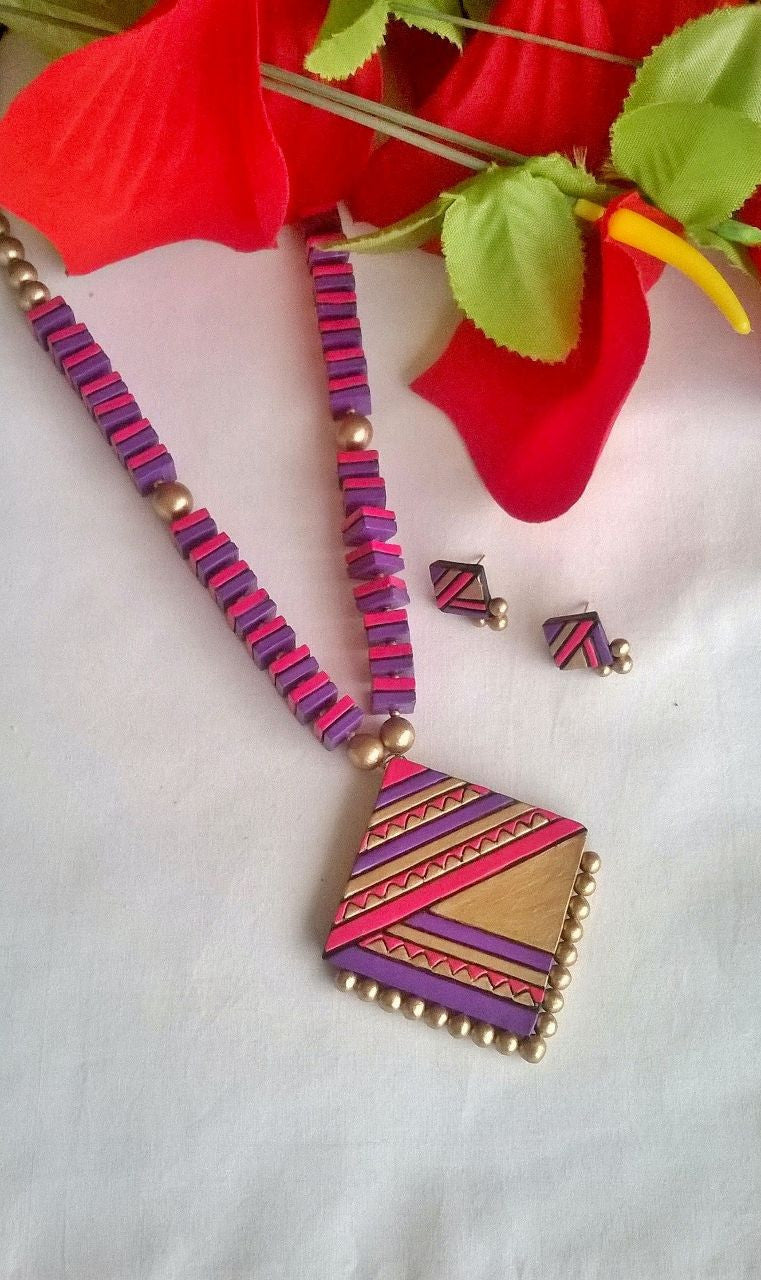 Pink & Purple Square Terracotta Jewellery Set