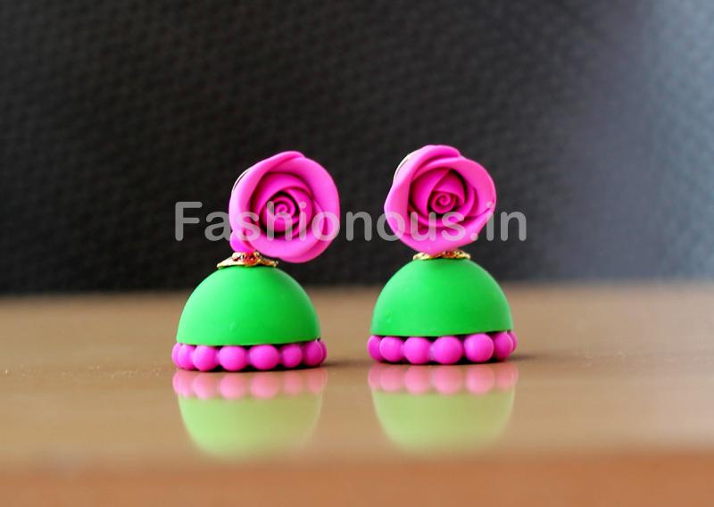 Pink Rose Floral Green Jhumka-ZAPCJH-027