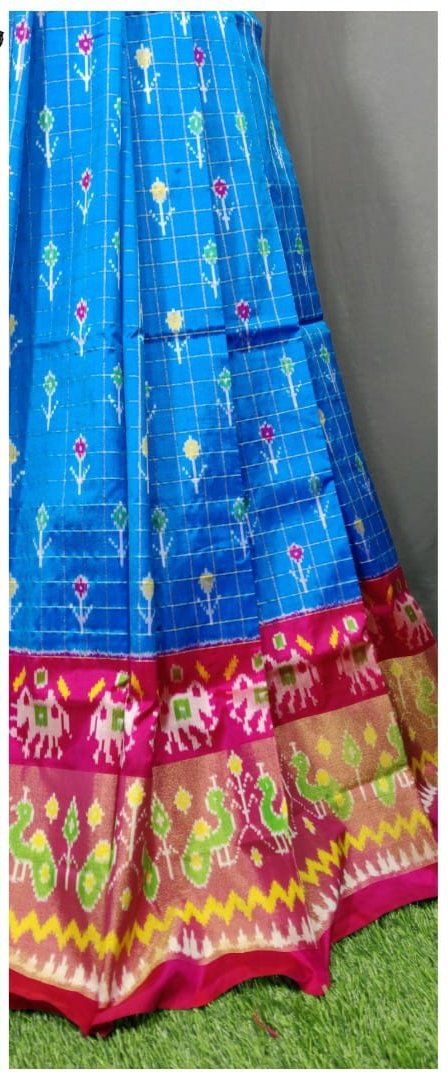 Pink and Dark Blue Ikkat Pure Silk Lehenga