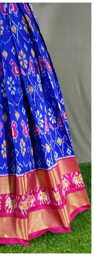 Pink and Dark Blue Ikkat Pure Silk Lehenga