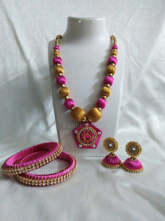 Pink and Golden Pentagon Silk Thread Jewellery Set
