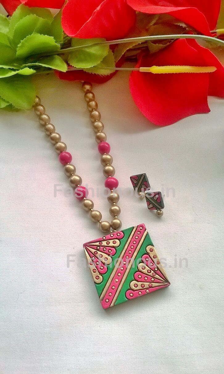 Pink and Green Floral Squared Terracotta Pendant Set-TJS-040