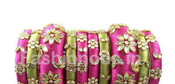 Pink and Olive Green Floral Stone Worked Bangle Set-STJSW-034