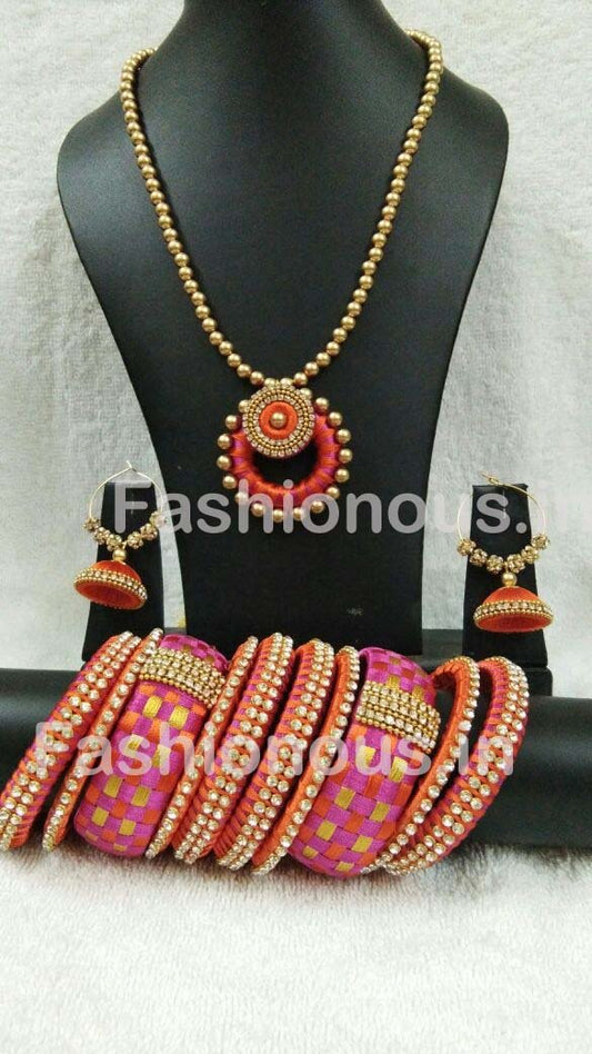 Pink and Orange Chandbali Pendant Silk Thread Jewellery Set-STJSW-091