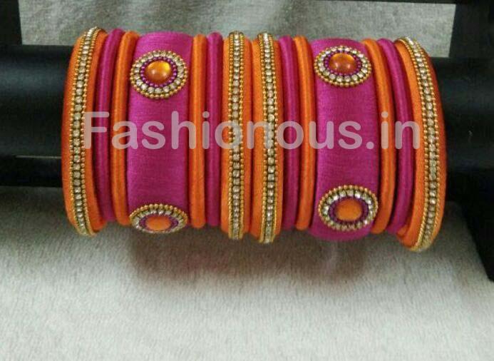 Pink and Orange Floral Stone Worked Silk Thread Bangle Set
