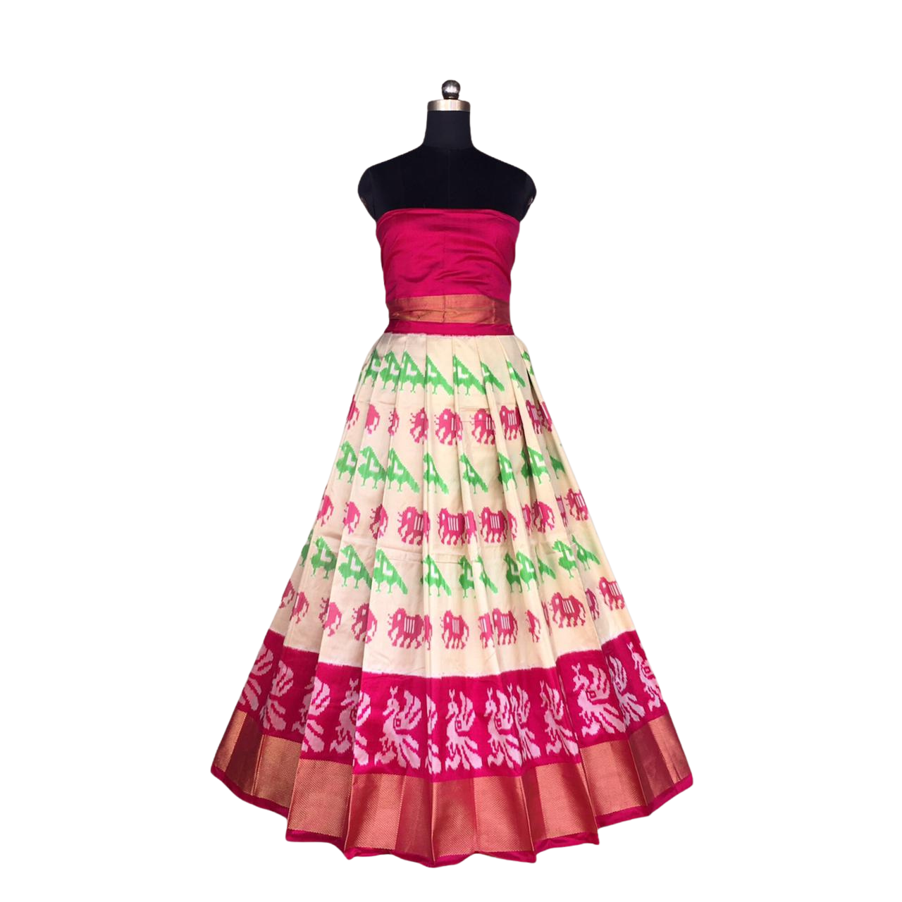 Pink and White Ikkat Pure Silk Lehenga