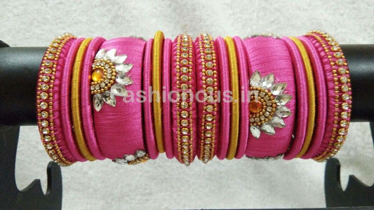 Pink and Yellow Floral Stone Worked Silk Thread Bangle Set-STJSW-054
