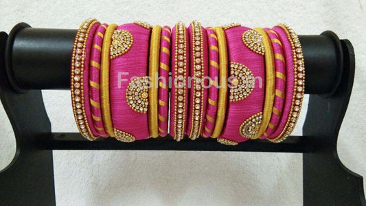 Pink and Yellow Floral Stone Worked Silk Thread Bangle Set-STJSW-055