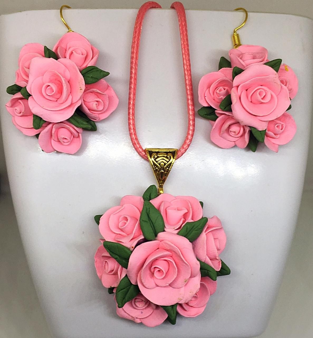 Pink With Green Flower Polymer Clay Pendant And Earrings