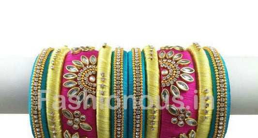 Pink with Blue and Yellow Floral Stone Worked Bangle Set-STJSW-032