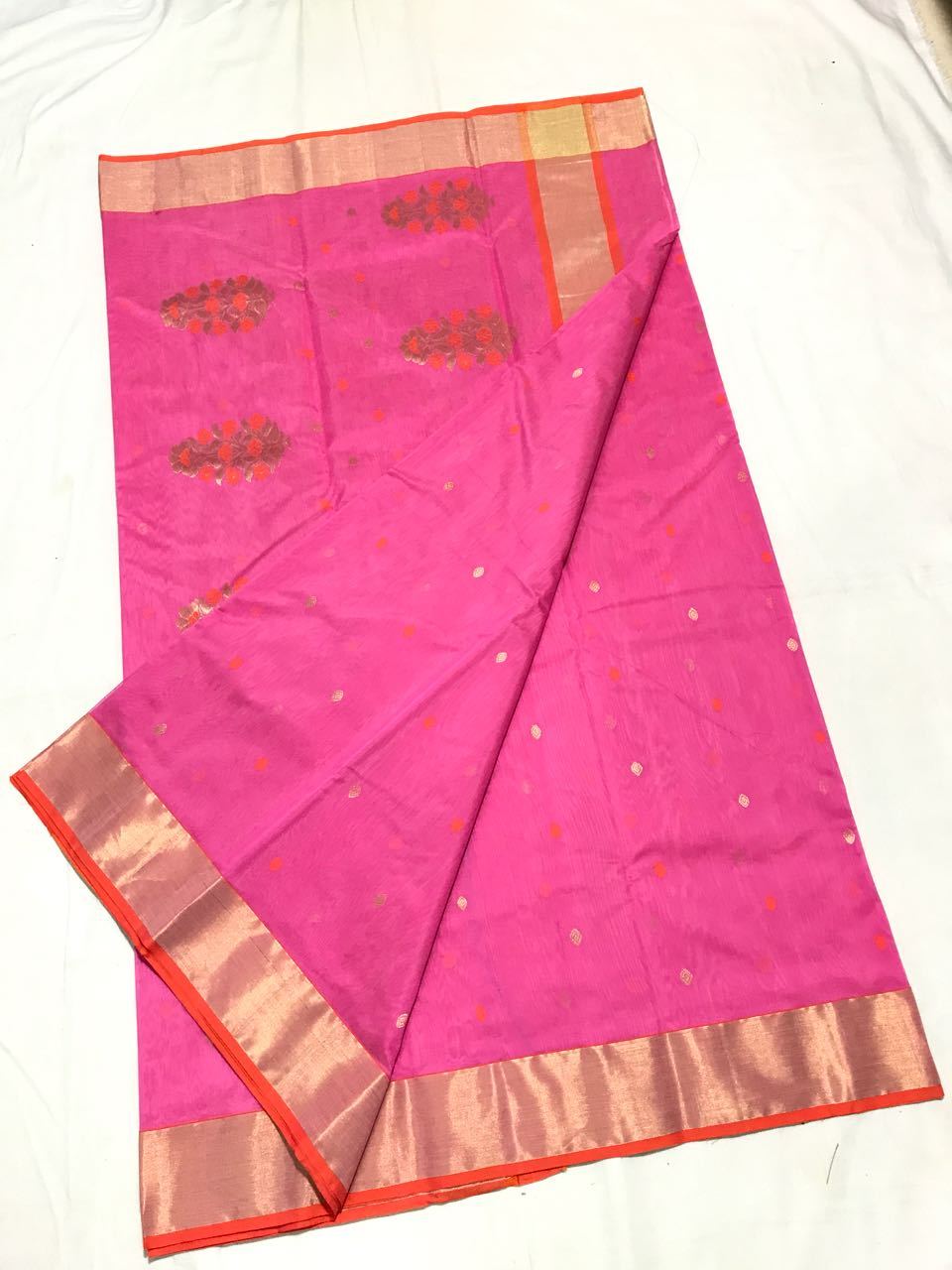 Pink with Orange Dot Zari Border Chanderi Silk Saree